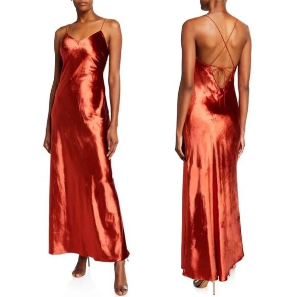 Mestiza New York Mara Red Rust Velvet Slip Open Back Cross Strap Gown Medium
